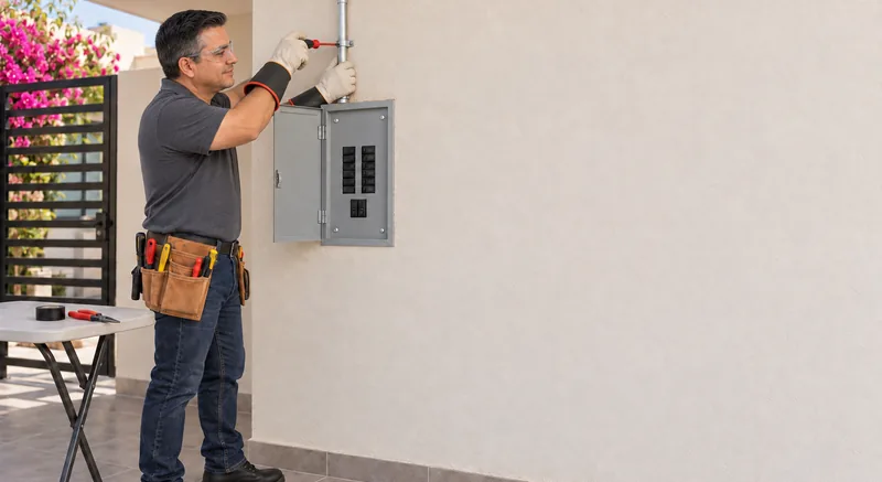 Electricista instalando un circuito dedicado de 220 V para un minisplit