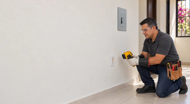 Electricista inspeccionando un contacto con marcas de calentamiento