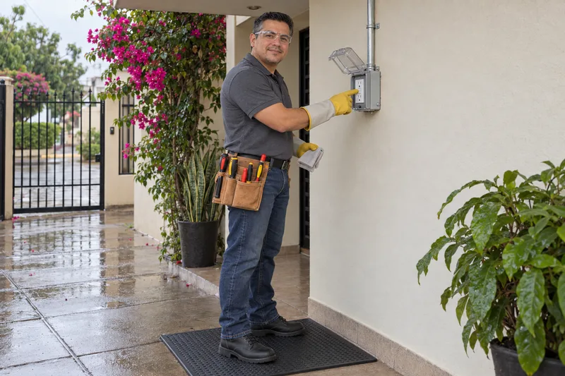 Electricista revisando un contacto exterior con protección GFCI y cubierta en uso después de la lluvia