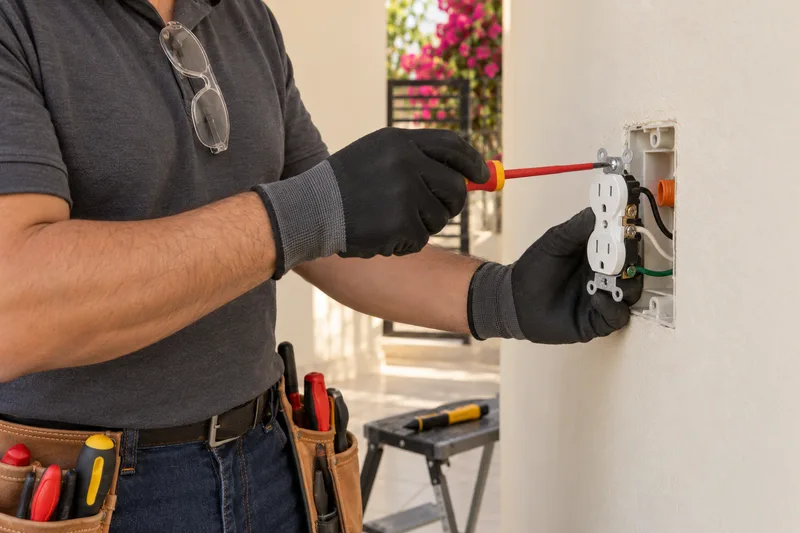 Manos con guantes instalando un contacto polarizado con tierra en un muro de la casa