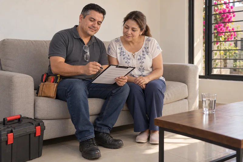Electricista explicando una cotización por escrito a una clienta en la sala de su casa