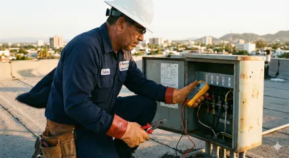 Electricista con casco revisando un gabinete eléctrico en Culiacán