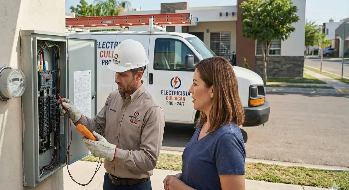 Electricista profesional en Culiacán atendiendo emergencia 24 horas con camioneta de servicio a domicilio