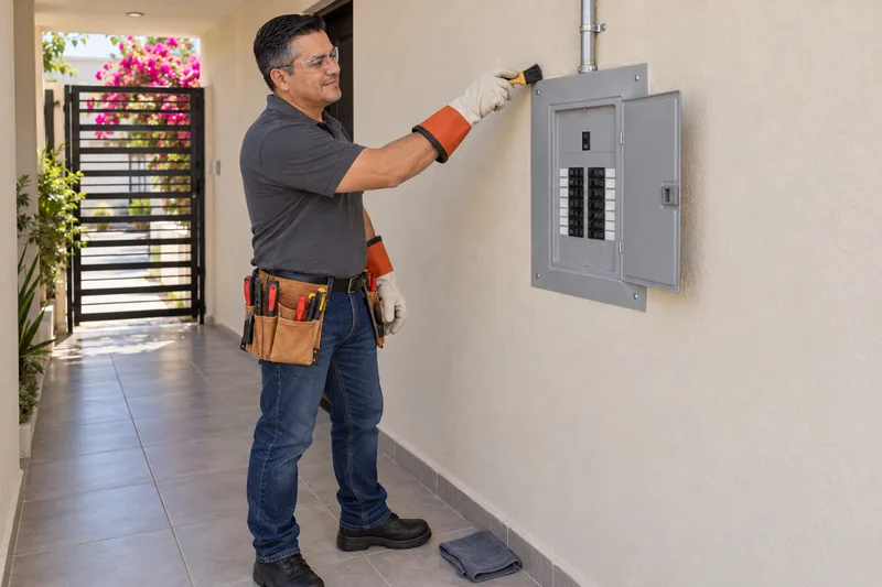 Electricista con guantes limpiando con una brocha el exterior de un centro de carga cerrado
